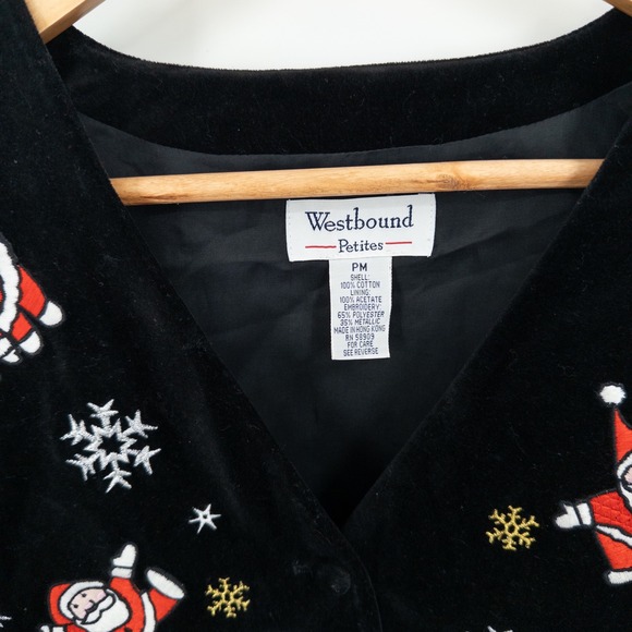 Vintage Christmas Santa Embroidered Vest Black Velvet Womens M Tacky Ugly Granny - Picture 2 of 6